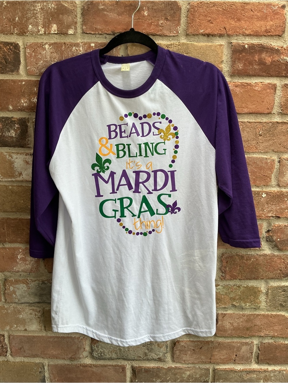 Mardi Gras Beads & Bling Raglan Tee - Purple/White medium